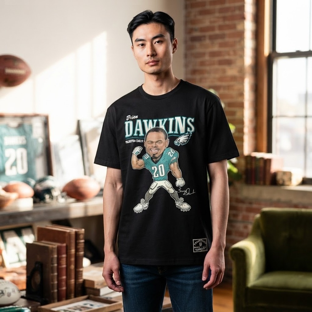 Mitchell & Ness Mens T-Shirt Large Black Brian Dawkins Eagles Caricature NFL New